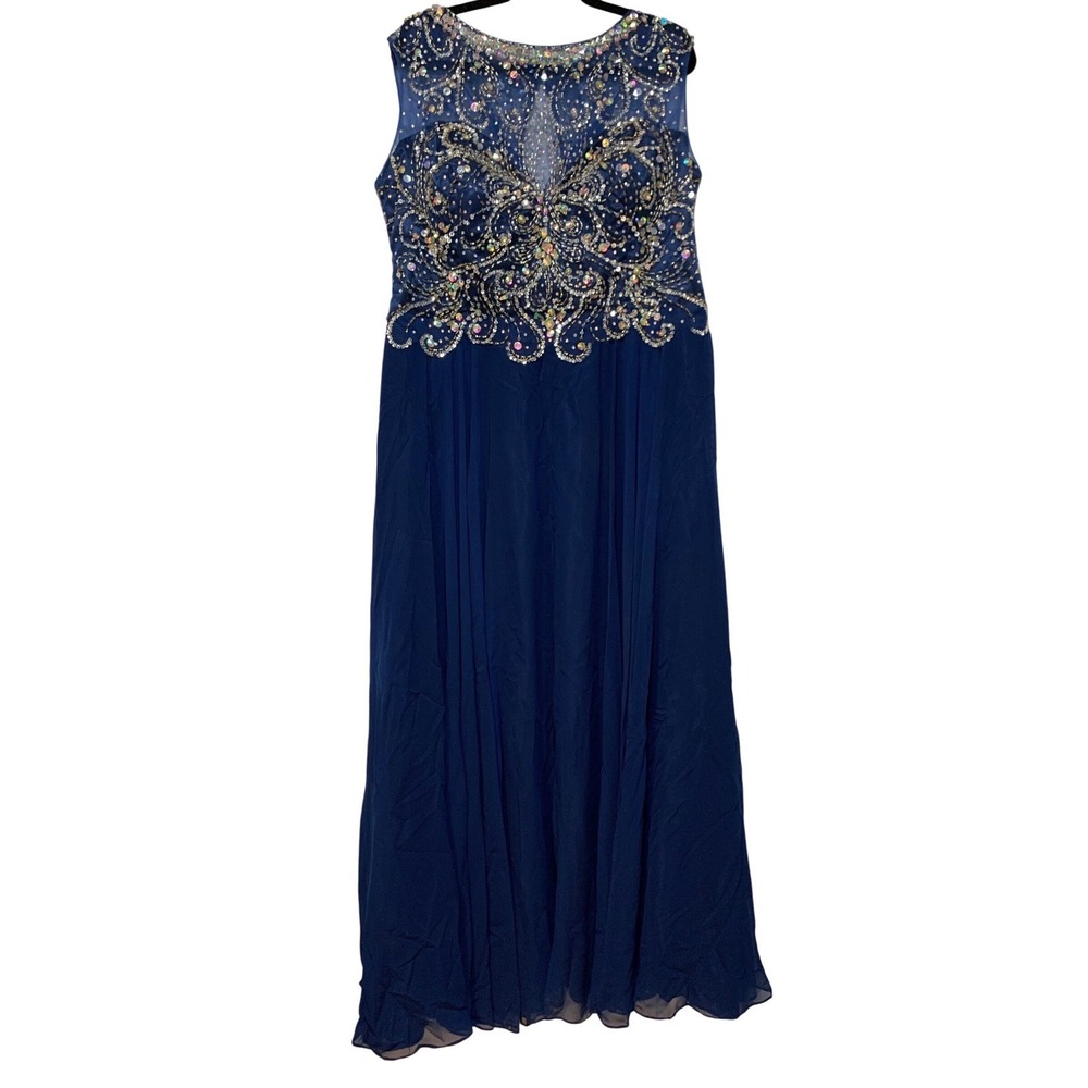 Christina Wu Elegance Gown Size 20 Navy Blue Beaded Illusion Neckline Homecoming